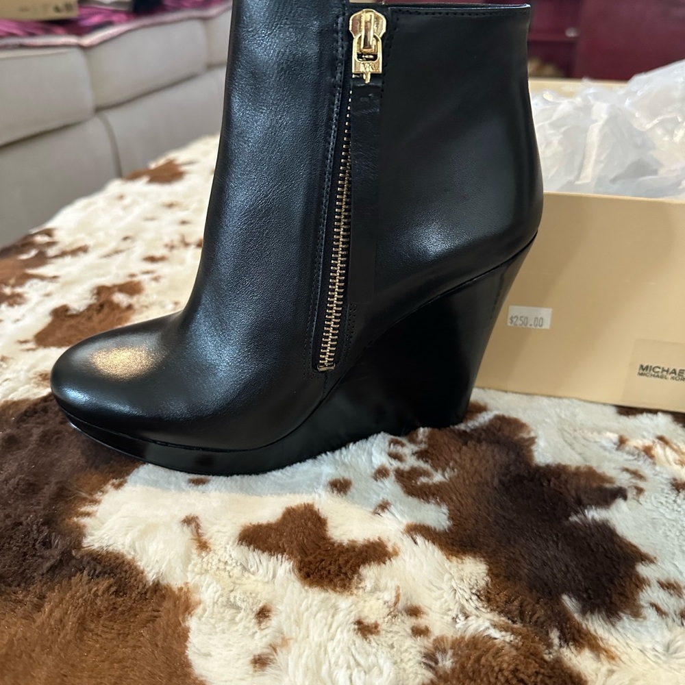 Michael Kors Black Leather Wedge Ankle Boot with Gold Zip Accent